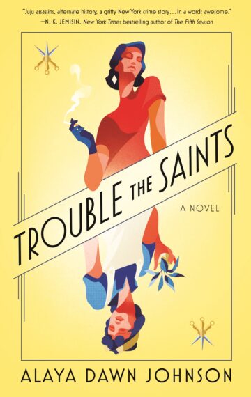 Cover of Trouble the Saints. Features a mixed race woman smoking above the title and holding a plant below the title, mirrored as in a playing card
